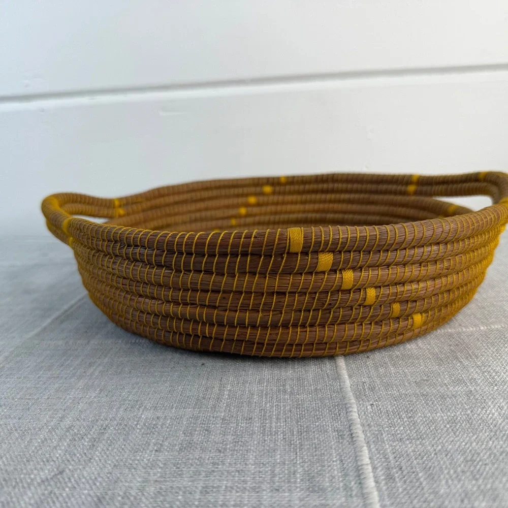 Pine Needle Woven Basket Yellow‎ Brown Cottagecore Round Basket 2 Handles 11